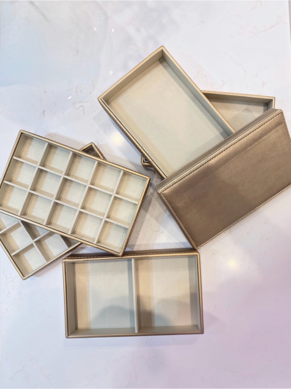 Gold Faux Leather, Ultra-Suede Lined Stackable Jewelry Organizer Tray Set